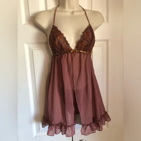 Victorias’s Secret Lingerie Top Medium And Lace G String Thong Maroon Baby Doll - Picture 2 of 13